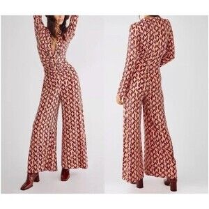 FREE PEOPLE Shayla Ruched Button Front Wide Leg Pink Burgundy XS Jumpsuit NWOT